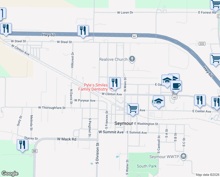 map of restaurants, bars, coffee shops, grocery stores, and more near 220 North Frances Street in Seymour