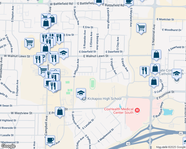 map of restaurants, bars, coffee shops, grocery stores, and more near 607 East Arrowhead Street in Springfield