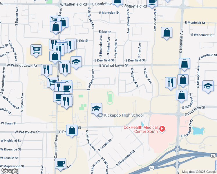 map of restaurants, bars, coffee shops, grocery stores, and more near 607 East Arrowhead Street in Springfield