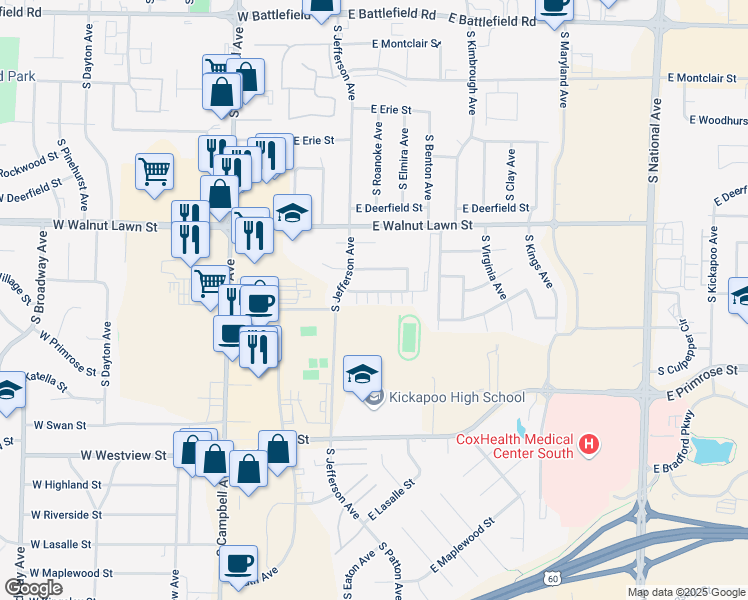 map of restaurants, bars, coffee shops, grocery stores, and more near 517 East Arrowhead Street in Springfield