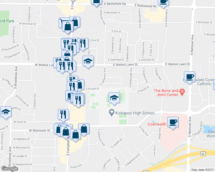 map of restaurants, bars, coffee shops, grocery stores, and more near 517 East Arrowhead Street in Springfield