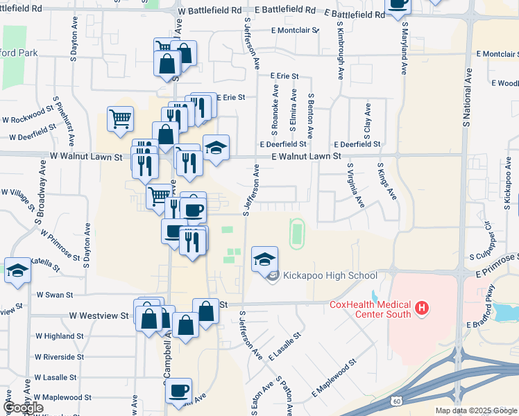 map of restaurants, bars, coffee shops, grocery stores, and more near 3527 South Jefferson Avenue in Springfield