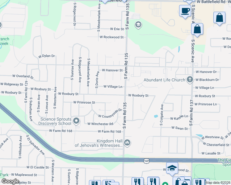 map of restaurants, bars, coffee shops, grocery stores, and more near 3156 West Village Lane in Springfield