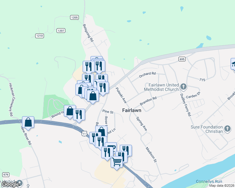 map of restaurants, bars, coffee shops, grocery stores, and more near 6896 Pulaski Avenue in Fairlawn