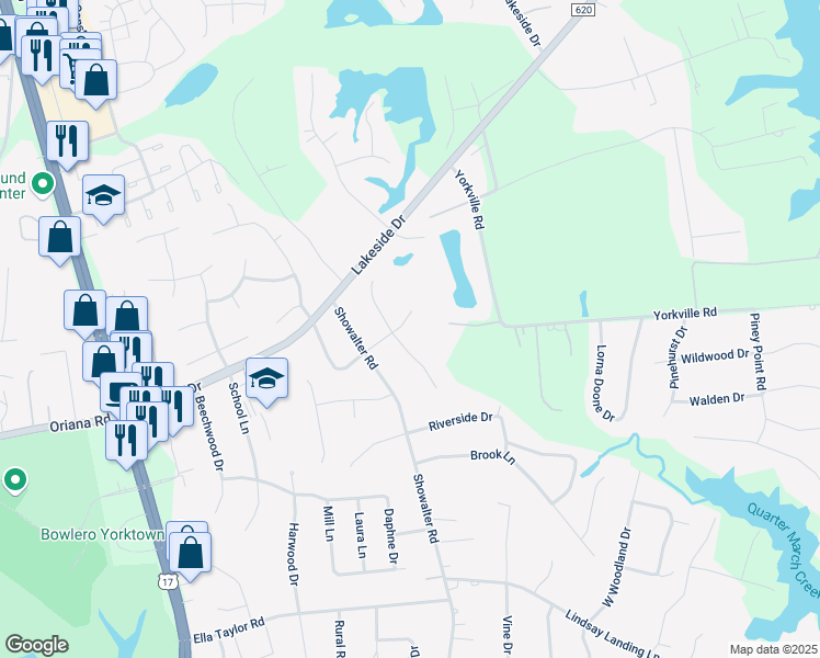 map of restaurants, bars, coffee shops, grocery stores, and more near 202 Crystal Lake Drive in Yorktown