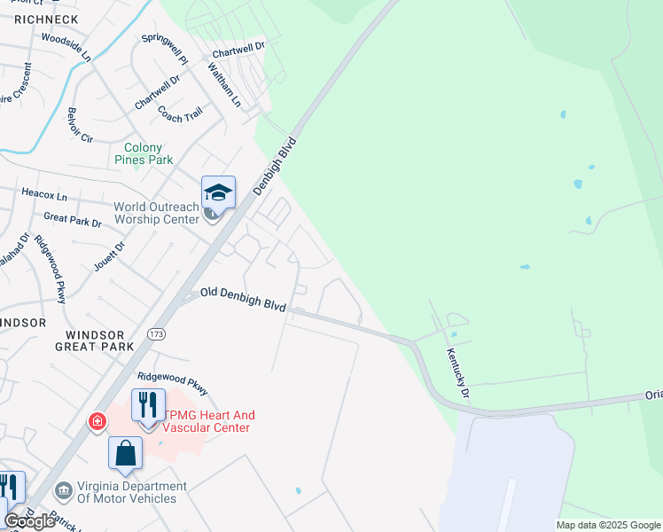 map of restaurants, bars, coffee shops, grocery stores, and more near 36 Betty Lee Place in Newport News