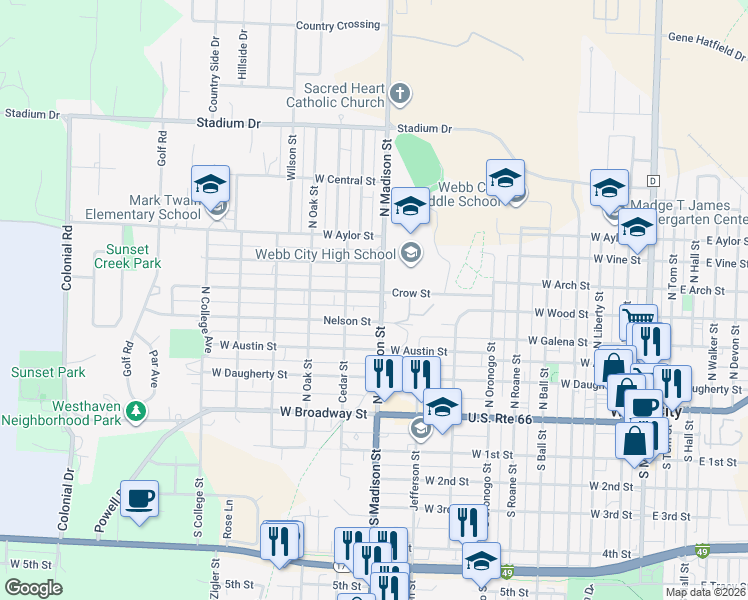 map of restaurants, bars, coffee shops, grocery stores, and more near 1006 West Crow Street in Webb City