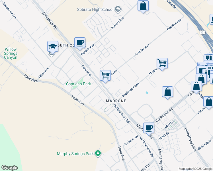 map of restaurants, bars, coffee shops, grocery stores, and more near 19100 Monterey Road in Morgan Hill