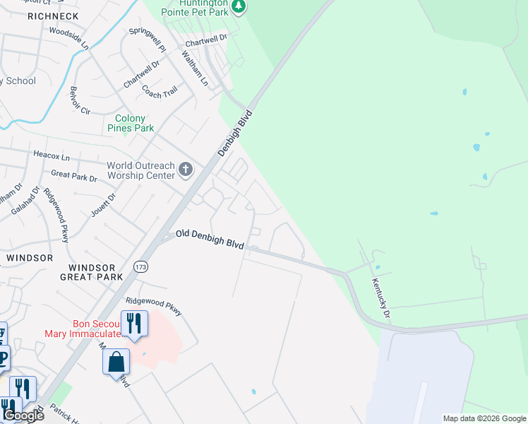 map of restaurants, bars, coffee shops, grocery stores, and more near 1 Betty Lee Place in Newport News