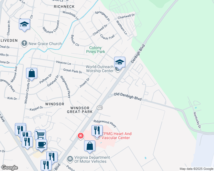 map of restaurants, bars, coffee shops, grocery stores, and more near 801 Blazer Court in Newport News
