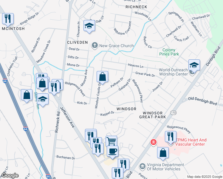 map of restaurants, bars, coffee shops, grocery stores, and more near 711 Pelham Drive in Newport News