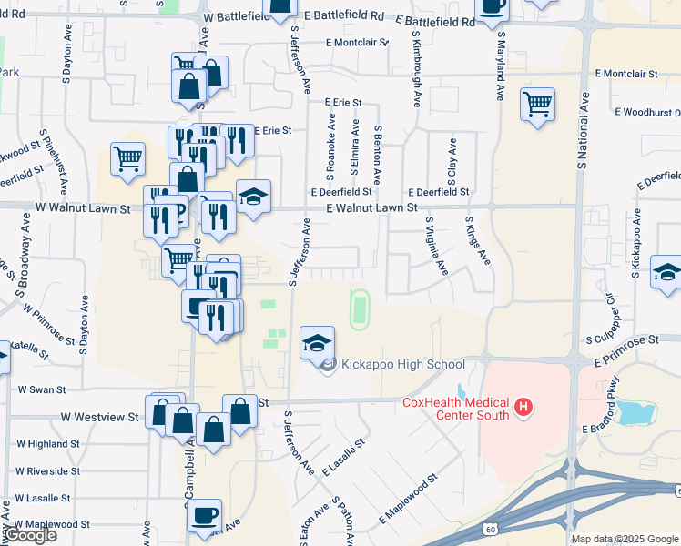 map of restaurants, bars, coffee shops, grocery stores, and more near 517 East Arrowhead Street in Springfield