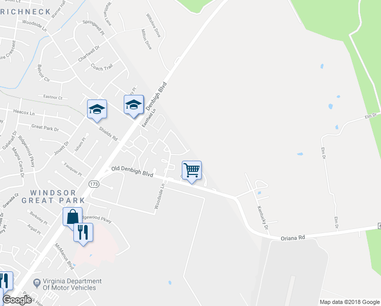 map of restaurants, bars, coffee shops, grocery stores, and more near 40 Betty Lee Place in Newport News