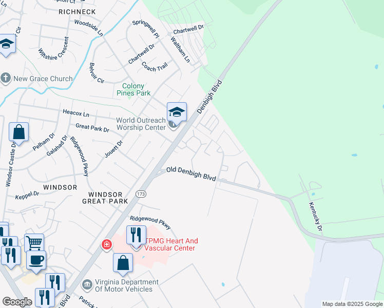 map of restaurants, bars, coffee shops, grocery stores, and more near 1075 Palmerton Drive in Newport News