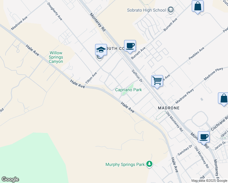 map of restaurants, bars, coffee shops, grocery stores, and more near 19299 Cayenne Drive in Morgan Hill