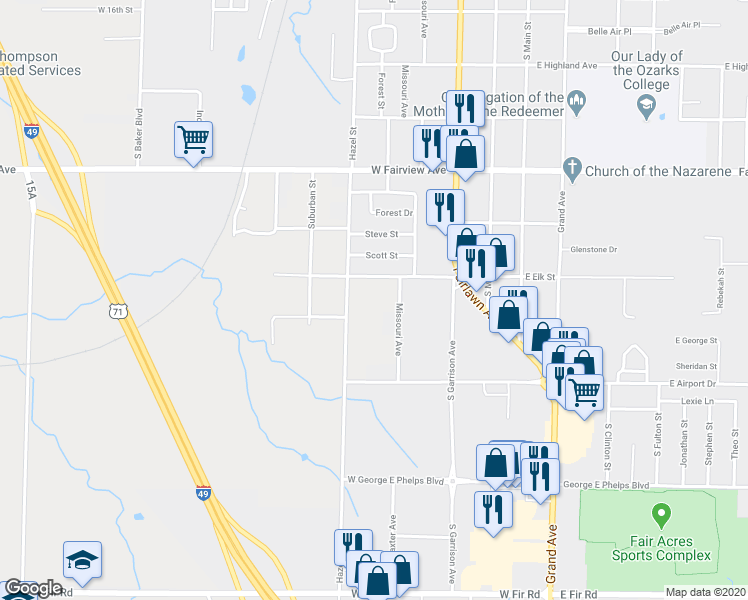 map of restaurants, bars, coffee shops, grocery stores, and more near 2213 Missouri Avenue in Carthage