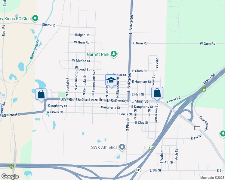 map of restaurants, bars, coffee shops, grocery stores, and more near 210 East Hall Street in Carterville