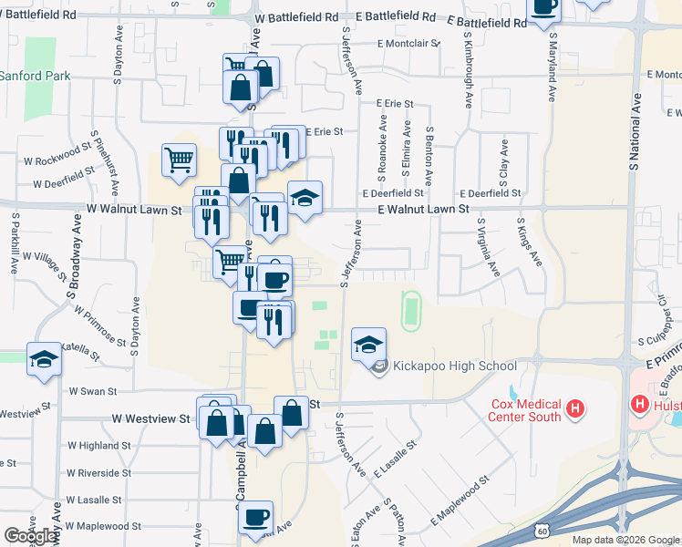 map of restaurants, bars, coffee shops, grocery stores, and more near 3527 South Jefferson Avenue in Springfield