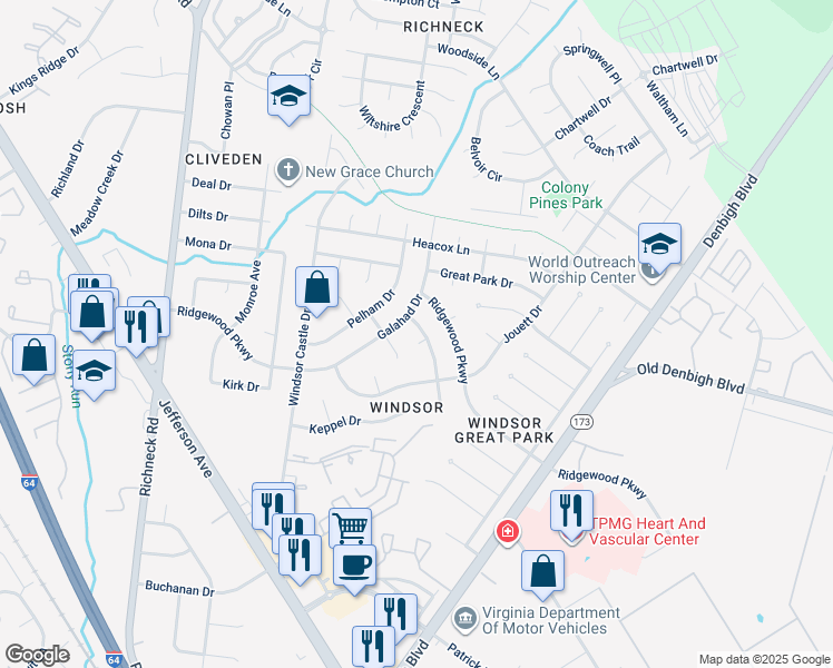 map of restaurants, bars, coffee shops, grocery stores, and more near 51 Magna Carta Drive in Newport News