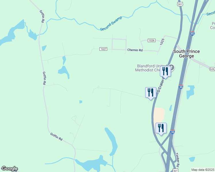 map of restaurants, bars, coffee shops, grocery stores, and more near 1912 Clary Road in Petersburg