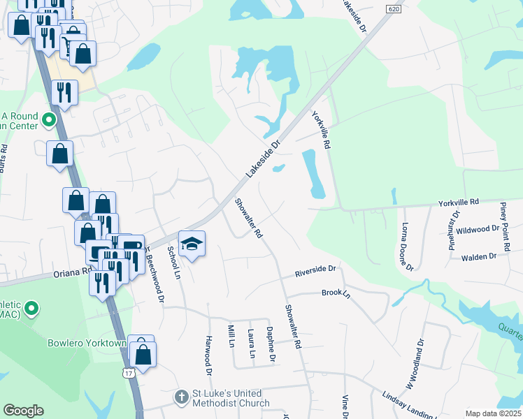 map of restaurants, bars, coffee shops, grocery stores, and more near 203 Castellow Court in Yorktown