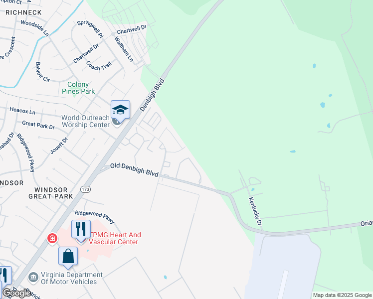 map of restaurants, bars, coffee shops, grocery stores, and more near 44 Betty Lee Place in Newport News