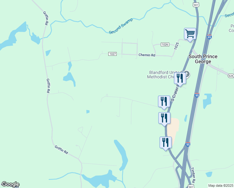 map of restaurants, bars, coffee shops, grocery stores, and more near 1912 Clary Road in Petersburg