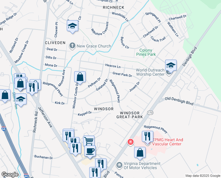 map of restaurants, bars, coffee shops, grocery stores, and more near 50 Magna Carta Drive in Newport News