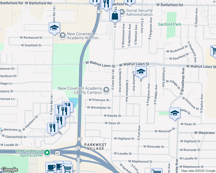 map of restaurants, bars, coffee shops, grocery stores, and more near 1622 West Village Lane in Springfield