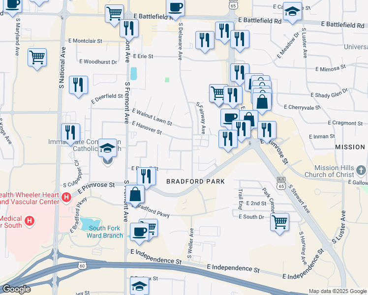 map of restaurants, bars, coffee shops, grocery stores, and more near 1619 East Woodgate Street in Springfield