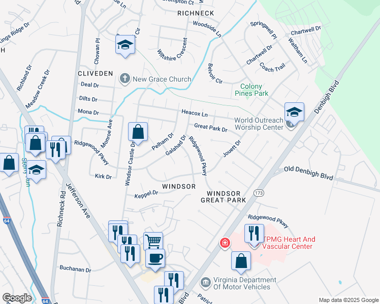 map of restaurants, bars, coffee shops, grocery stores, and more near 50 Magna Carta Drive in Newport News