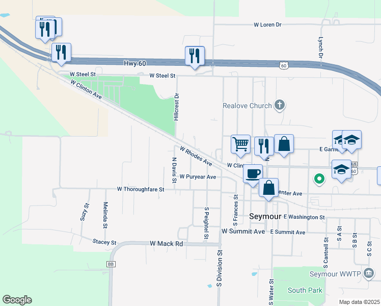 map of restaurants, bars, coffee shops, grocery stores, and more near 600 West Rhodes Avenue in Seymour
