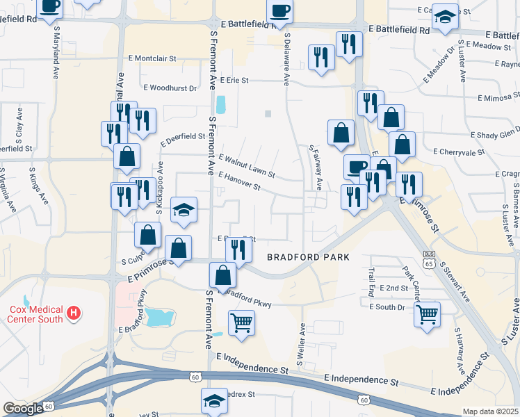 map of restaurants, bars, coffee shops, grocery stores, and more near 3465 S Pickwick Ave in Springfield