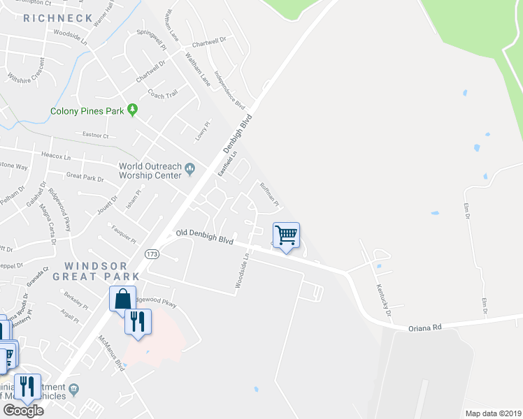 map of restaurants, bars, coffee shops, grocery stores, and more near 1 Betty Lee Place in Newport News
