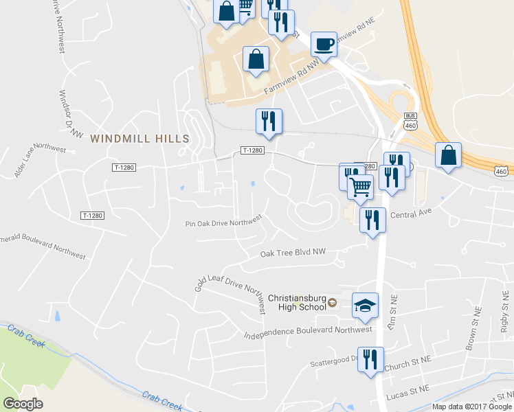 map of restaurants, bars, coffee shops, grocery stores, and more near 1215 Orange Leaf Dr in Christiansburg