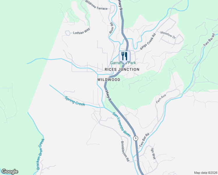 map of restaurants, bars, coffee shops, grocery stores, and more near 178 Madrona Road in Boulder Creek