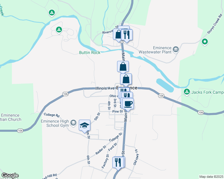 map of restaurants, bars, coffee shops, grocery stores, and more near Illinois Avenue in Eminence