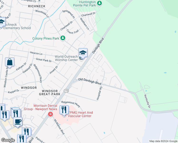 map of restaurants, bars, coffee shops, grocery stores, and more near 1100 Palmerton Drive in Newport News
