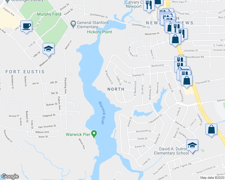 map of restaurants, bars, coffee shops, grocery stores, and more near 140 West Rexford Drive in Newport News