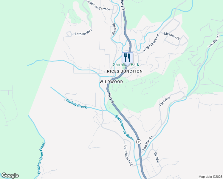 map of restaurants, bars, coffee shops, grocery stores, and more near 178 Madrona Road in Boulder Creek