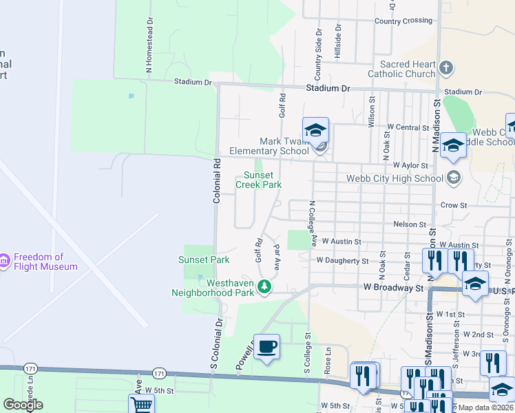map of restaurants, bars, coffee shops, grocery stores, and more near 401 East Rudondo Drive in Webb City