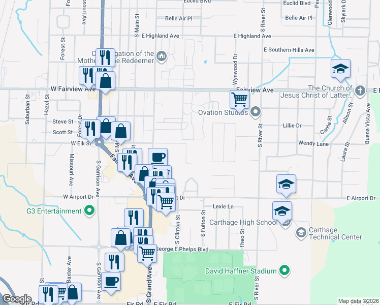 map of restaurants, bars, coffee shops, grocery stores, and more near 2210 Benjamin Dr in Carthage