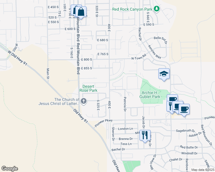 map of restaurants, bars, coffee shops, grocery stores, and more near 382 Desert Gardens Lane in Ivins