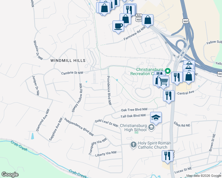 map of restaurants, bars, coffee shops, grocery stores, and more near 1525 Providence Boulevard Northwest in Christiansburg