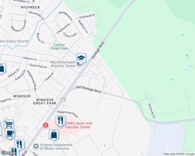 map of restaurants, bars, coffee shops, grocery stores, and more near 12793 Tahiska Lane in Newport News