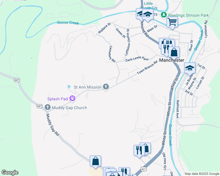 map of restaurants, bars, coffee shops, grocery stores, and more near Town Branch Road in Manchester