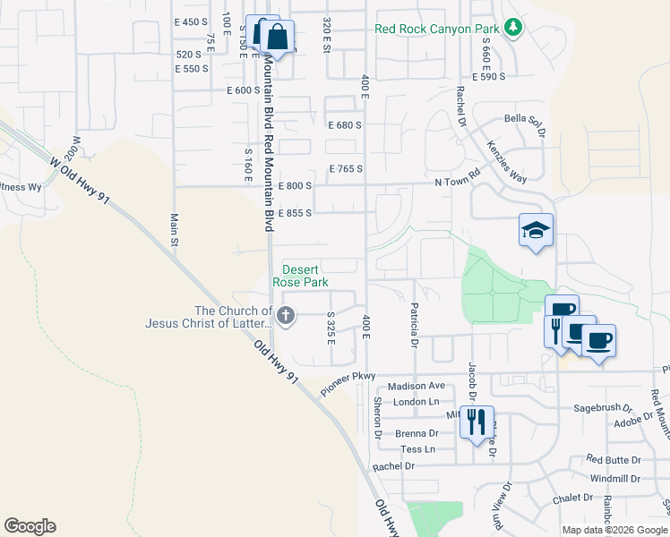 map of restaurants, bars, coffee shops, grocery stores, and more near 328 East Desert Gardens Lane in Ivins