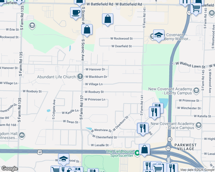 map of restaurants, bars, coffee shops, grocery stores, and more near 2520 West Village Lane in Springfield