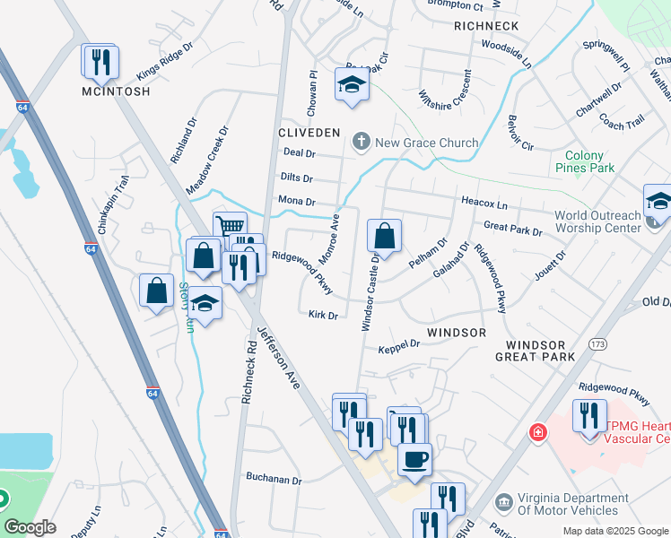 map of restaurants, bars, coffee shops, grocery stores, and more near 164 Alva Circle in Newport News