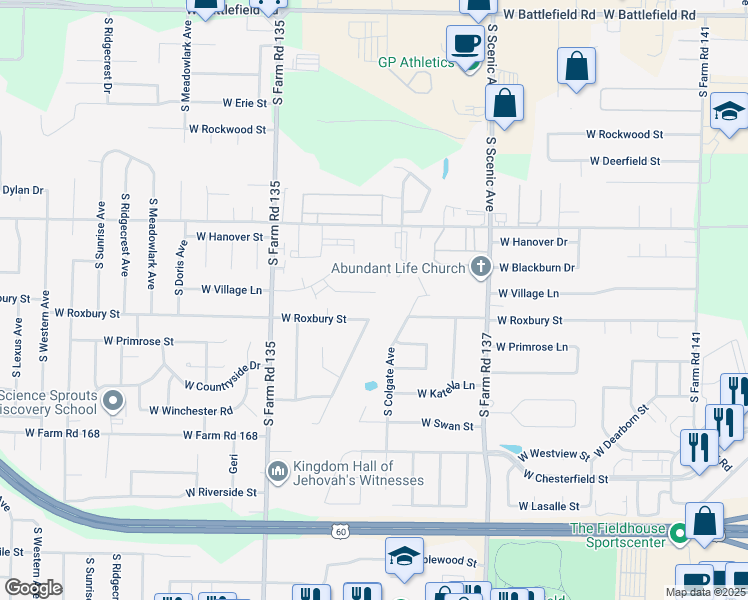 map of restaurants, bars, coffee shops, grocery stores, and more near 2906 West Village Drive in Springfield